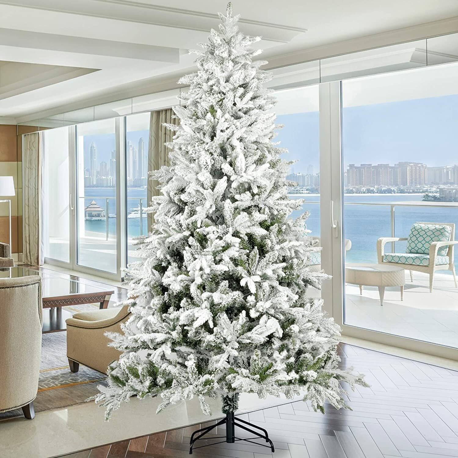 Angle. BreeBe - Snow Flocked Christmas Tree 7ft Artificial Hinged Pine Tree with White Realistic Tips Unlit - White.