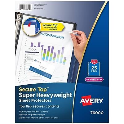 Secure Top Super Heavyweight Sheet Protectors  
Top flap secures contents  
Our thickest and most durable  
Ideal for long term storage  
Acid-Free - Archival safe - Won't lift print  

25 Pack  
Diamond Clear  

Avery  
76000