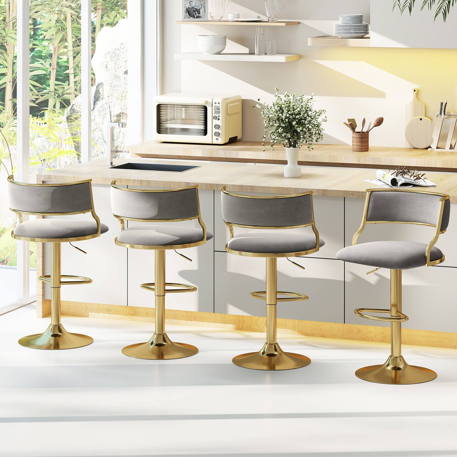 Alt View 3. Gymax - Gymax Swivel Bar Stool Set of 4 w/ Barrel Back & Footrest Metal Base for Home Bar - Grey + Gold.
