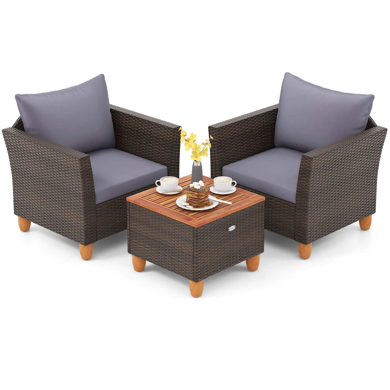 Gymax - Set of 3 Rattan Bistro Furniture Set Wooden Table Top Cushioned Sofa Patio - Gray price history on PriceWatchPro