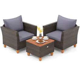 Gymax - Set of 3 Rattan Bistro Furniture Set Wooden Table Top Cushioned Sofa Patio - Gray