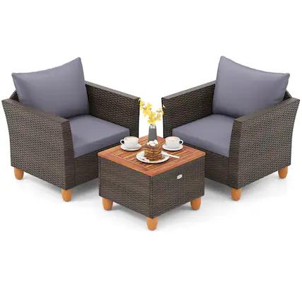 Front. Gymax - Gymax Set of 3 Rattan Bistro Furniture Set Wooden Table Top Cushioned Sofa Patio - Grey.