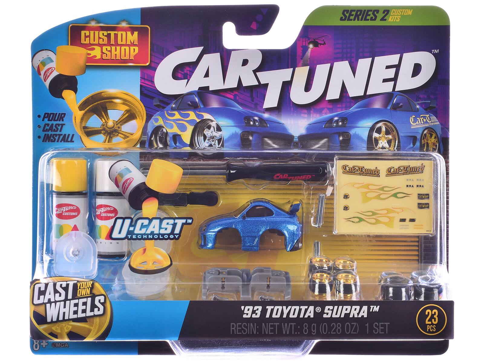 CUSTOM SERIES 2 KITS  
CUSTOM SHOP™  
CAR TUNED  
CARTUNED  
U-CAST TECHNOLOGY  
CAST YOUR OWN WHEELS  
'93 TOYOTA SUPRA™  
RESIN: NET WT.: 8 g (0.28 OZ)  
1 SET  
23 PCS  
8+  
CMGA