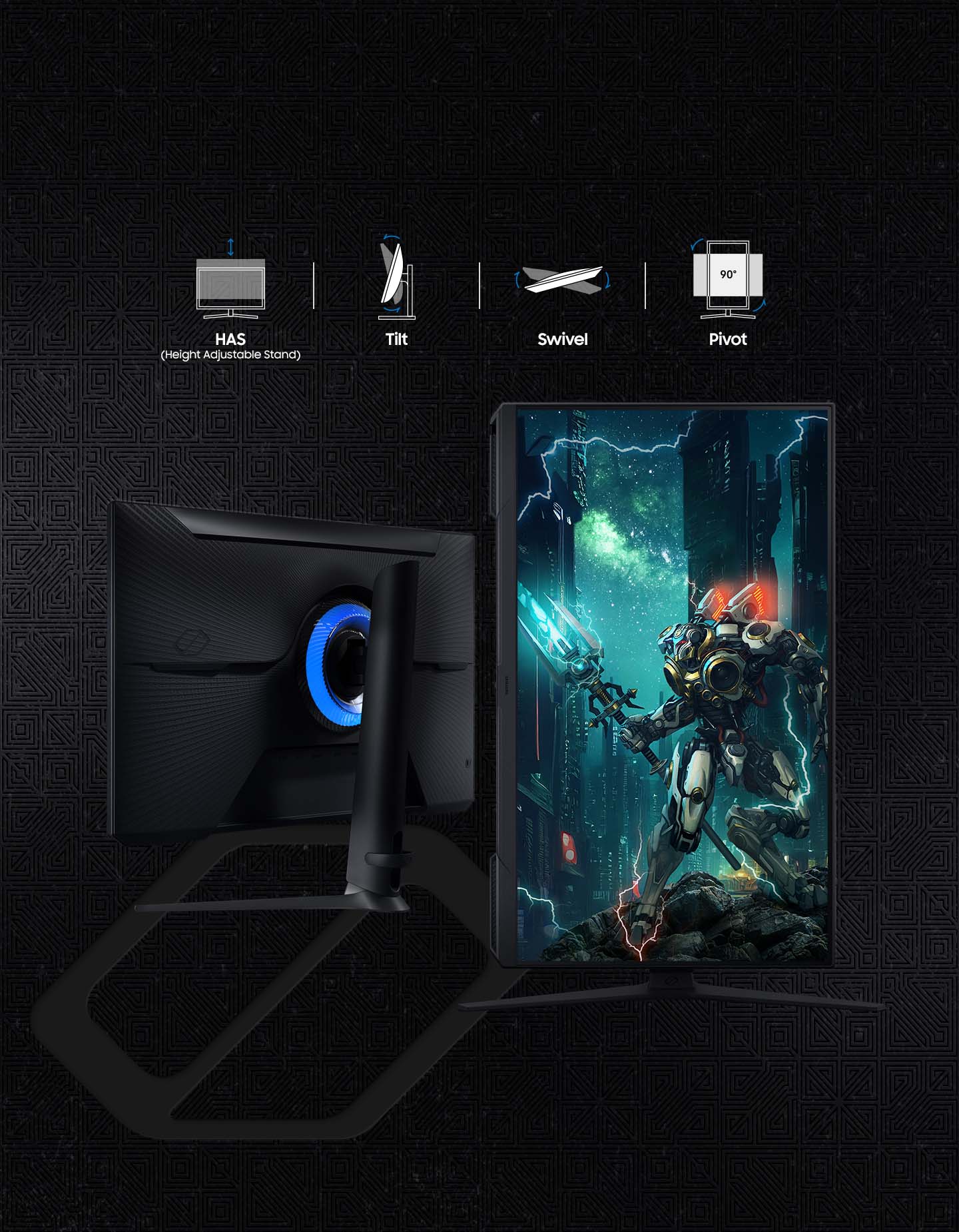 The image features a computer monitor with a blue light on it. The monitor is placed on a stand that has a tilt, swivel, and pivot feature. This allows the user to adjust the monitor's position for optimal viewing comfort. The stand is designed to be height adjustable, providing additional flexibility and customization for the user's preferences.