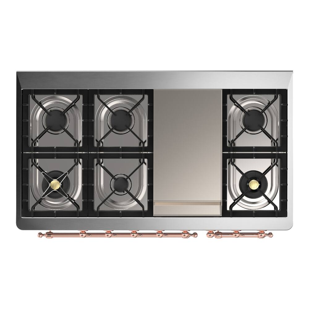 Alt View 5. ILVE - ILVE Majestic III 48 inch Dual Fuel Range with 8 Burners + Griddle (Liquid Propane, Glossy Black, Copper Trim) - Glossy Black.