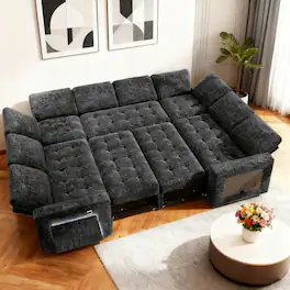 Vipbear - 8 Seat U Shaped Modular Chenille Fabric Sofa with Pull Out Bed/Reclining Backrest/USB Ports/Table/LED Light/Storage Seat - Black