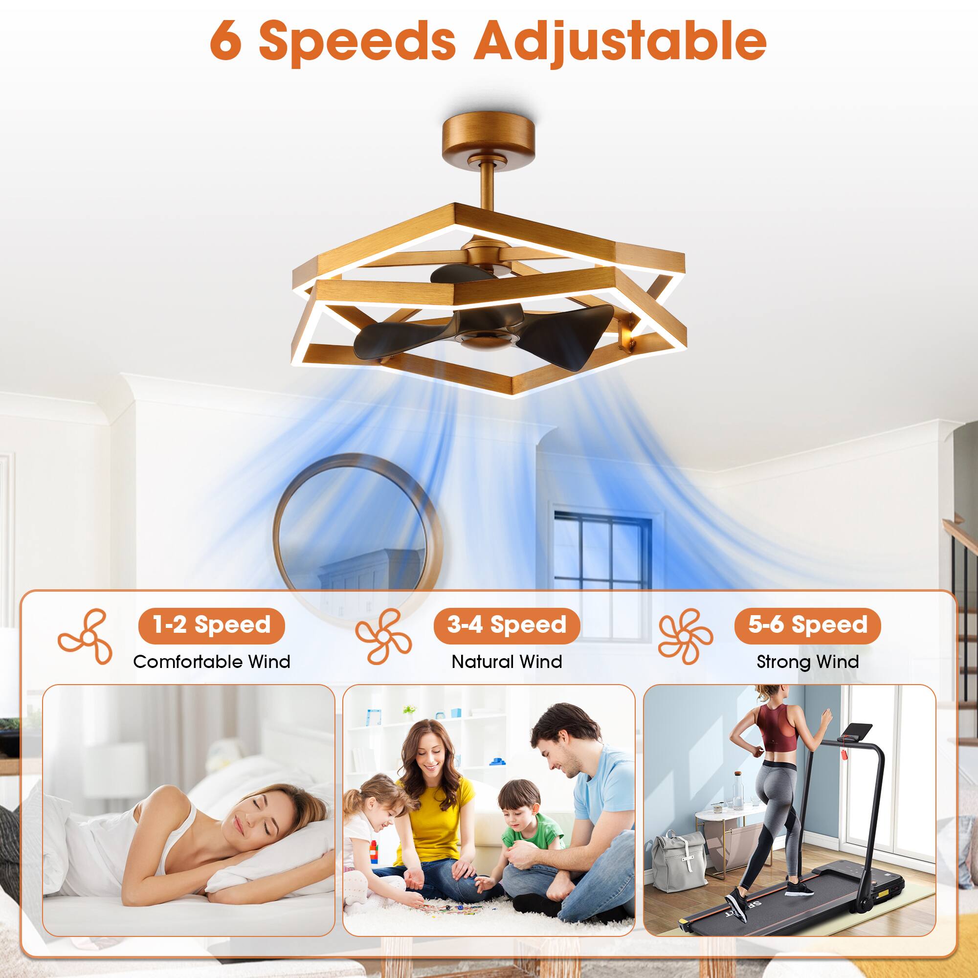 6 Speeds Adjustable

1-2 Speed: Comfortable Wind  
3-4 Speed: Natural Wind  
5-6 Speed: Strong Wind
