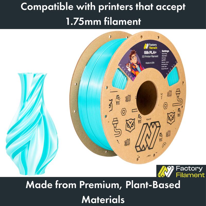 Compatible with printers that accept 1.75mm filament

SilkPLA+ - 3D Printer Filament

Made from Premium, Plant-Based Materials

Factory Filament

Made in USA