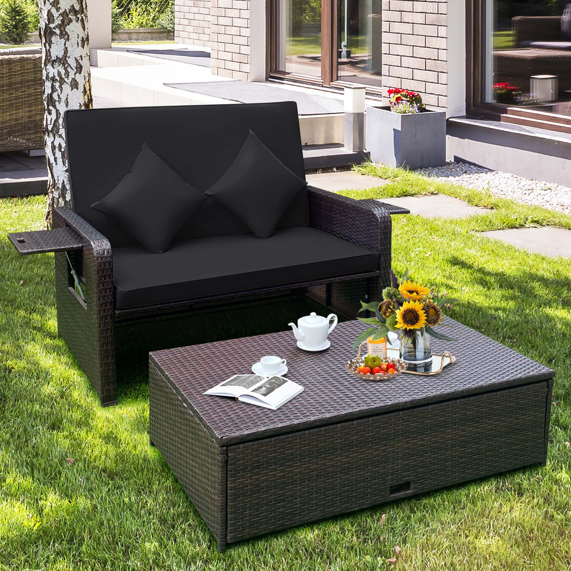 Alt View 4. Costway - Patio Rattan Loveseat Set Daybed Lounge Storage Ottoman Side Tables Adjust - Black.