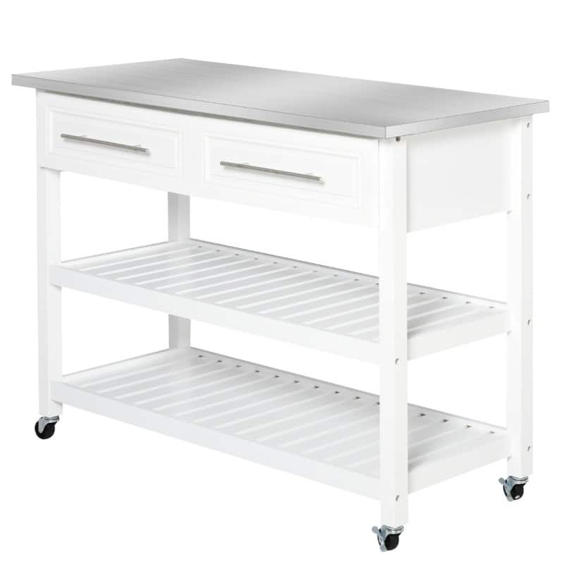 SlickBlue - Kitchen Storage Island Cart with 2 Drawers and Steel Top - White