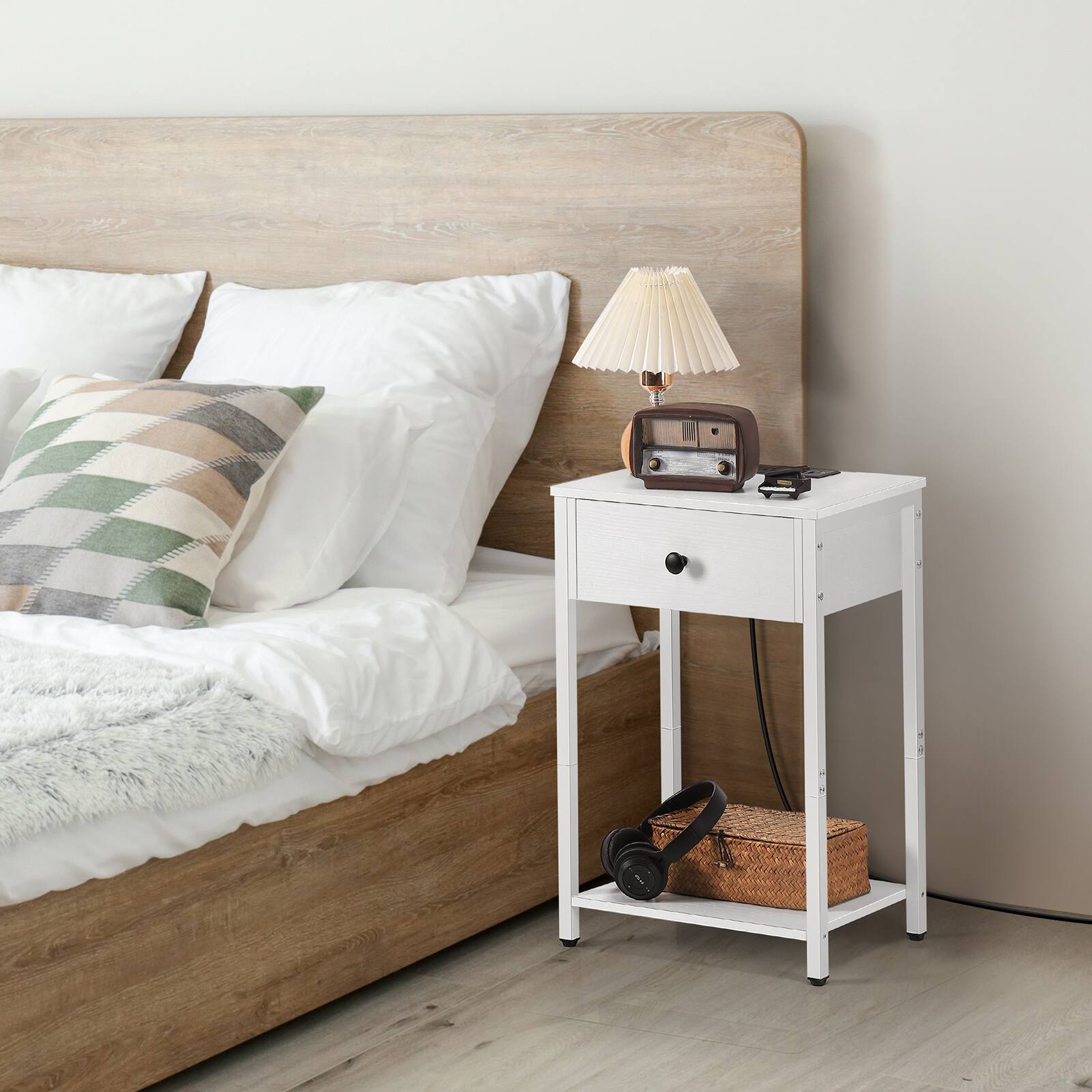Alt View 2. Oumilen - Set of 2 Nightstand with Built-in Charging Station & Hanging Drawer , White - White.