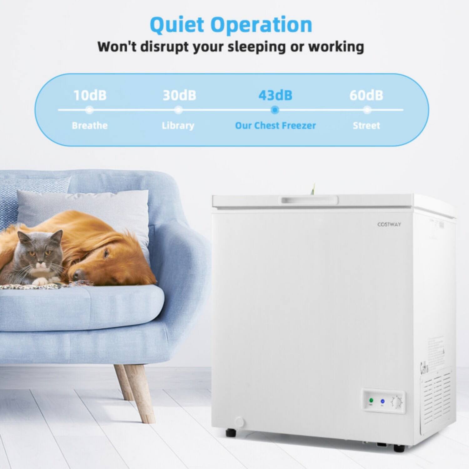 Quiet Operation  
Won't disrupt your sleeping or working

10dB  
Breathe

30dB  
Library

43dB  
Our Chest Freezer

60dB  
Street

COSTWAY