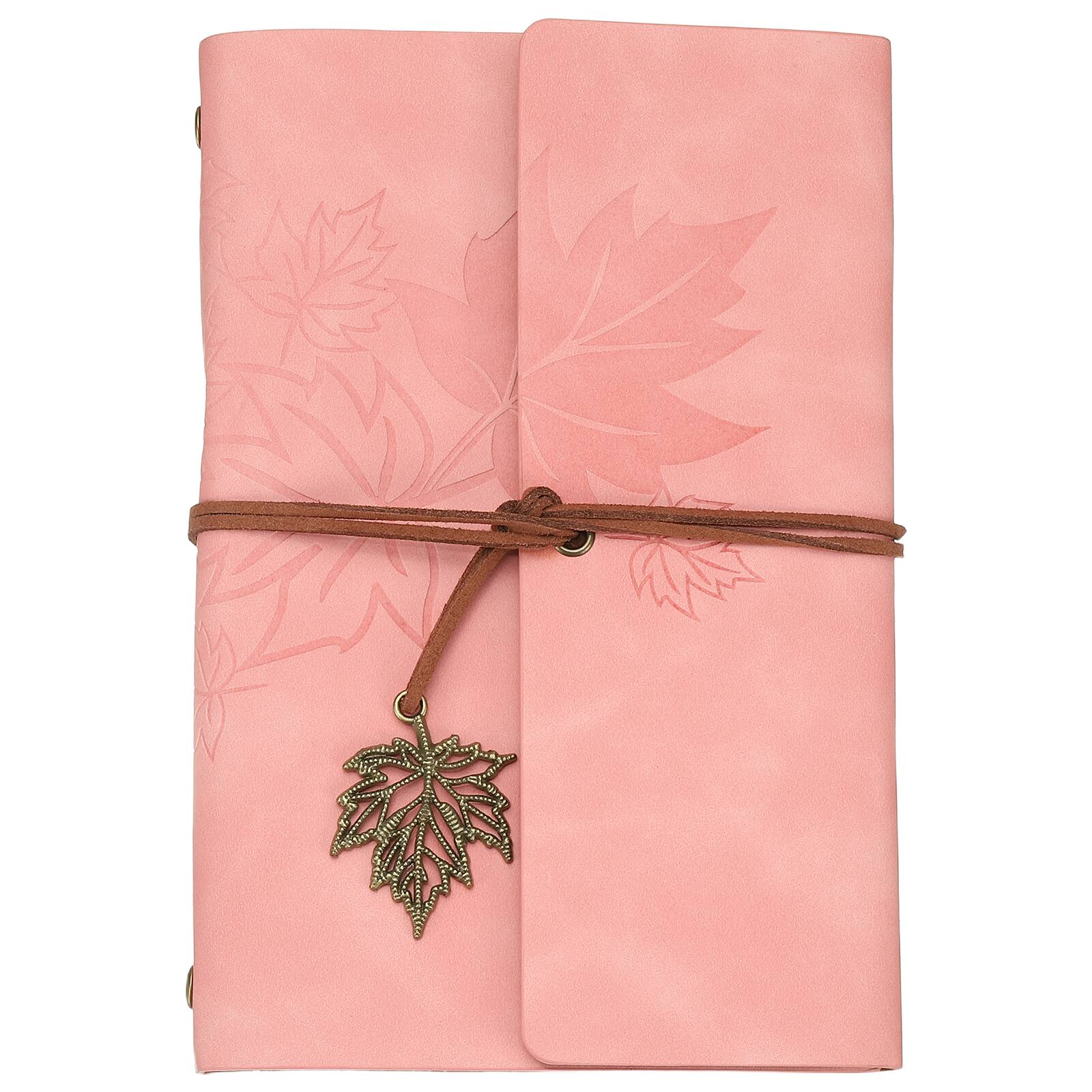 Front. Unique Bargains - A6 Leather Cover Loose Leaf Journal, 7.28x5" Travel Refillable Leather Diary Gift with 100GSM Kraft Paper - Pink.