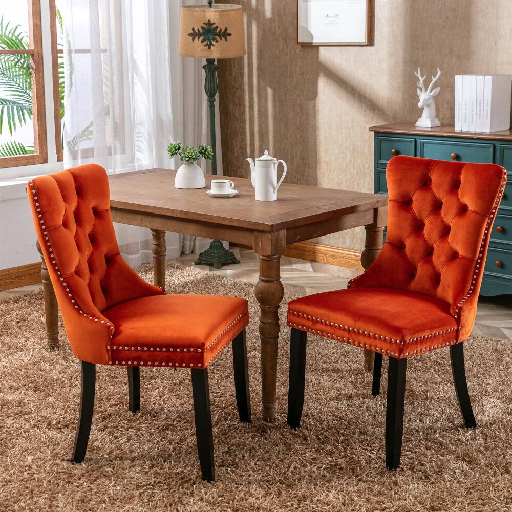 Alt View 9. Loheer - Loheer Orange Velvet Tufted Dining Chairs Set of 2 Solid Wood - Orange.