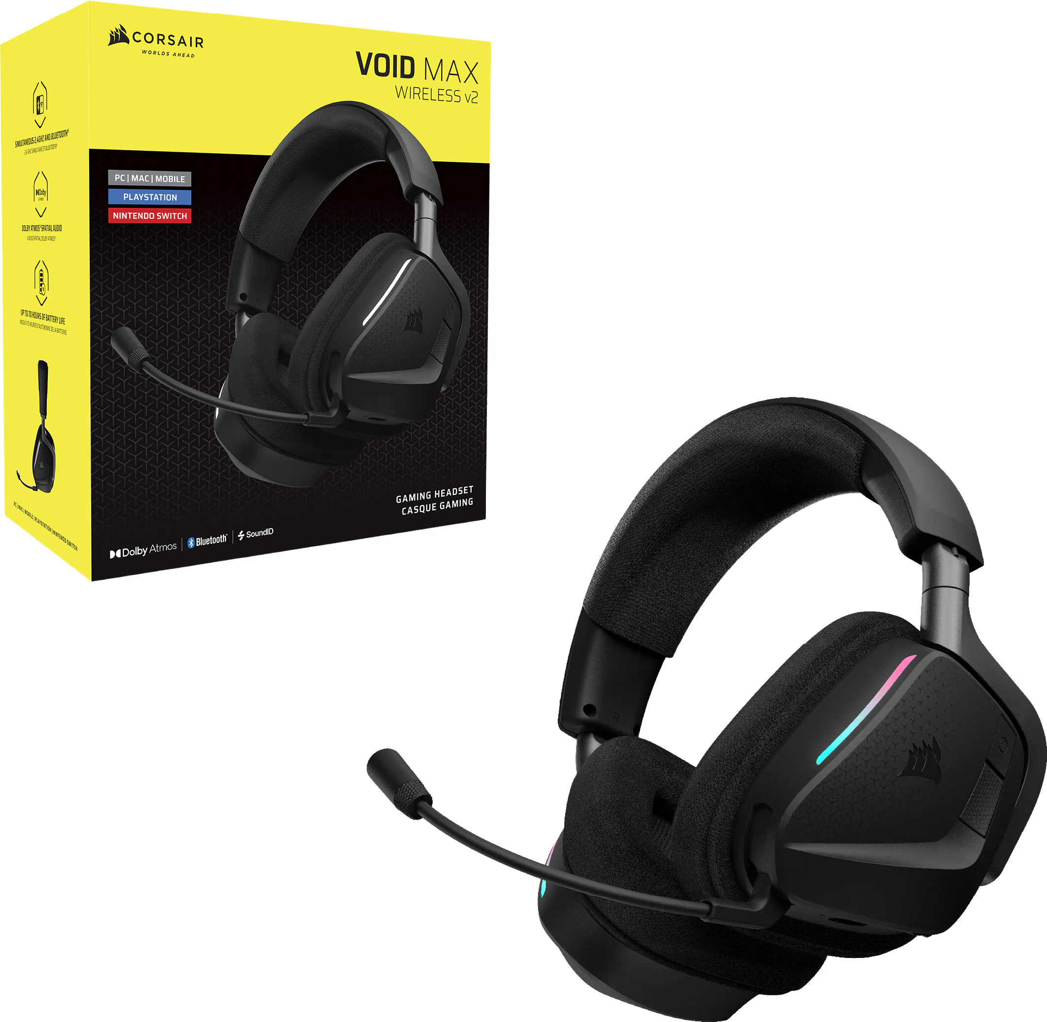 E a - - CORSAIR VOID MAX WIRELESS v2 MAC MLRIE - PLAYSTATION a d A - NINTENDO SWITCH : - + Glnn I Buetoetl H 4DolbyAtmos Doby Atmos GAMING HEADSET CASQUE