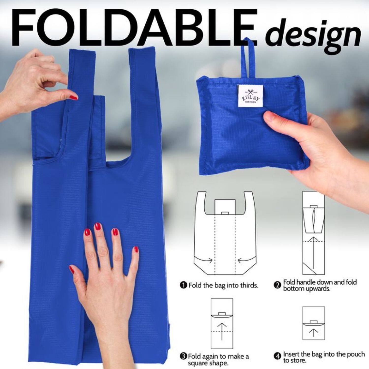 FOLDABLE design

1. Fold the bag into thirds.
2. Fold handle down and fold bottom upwards.
3. Fold again to make a square shape.
4. Insert the bag into the pouch to store.