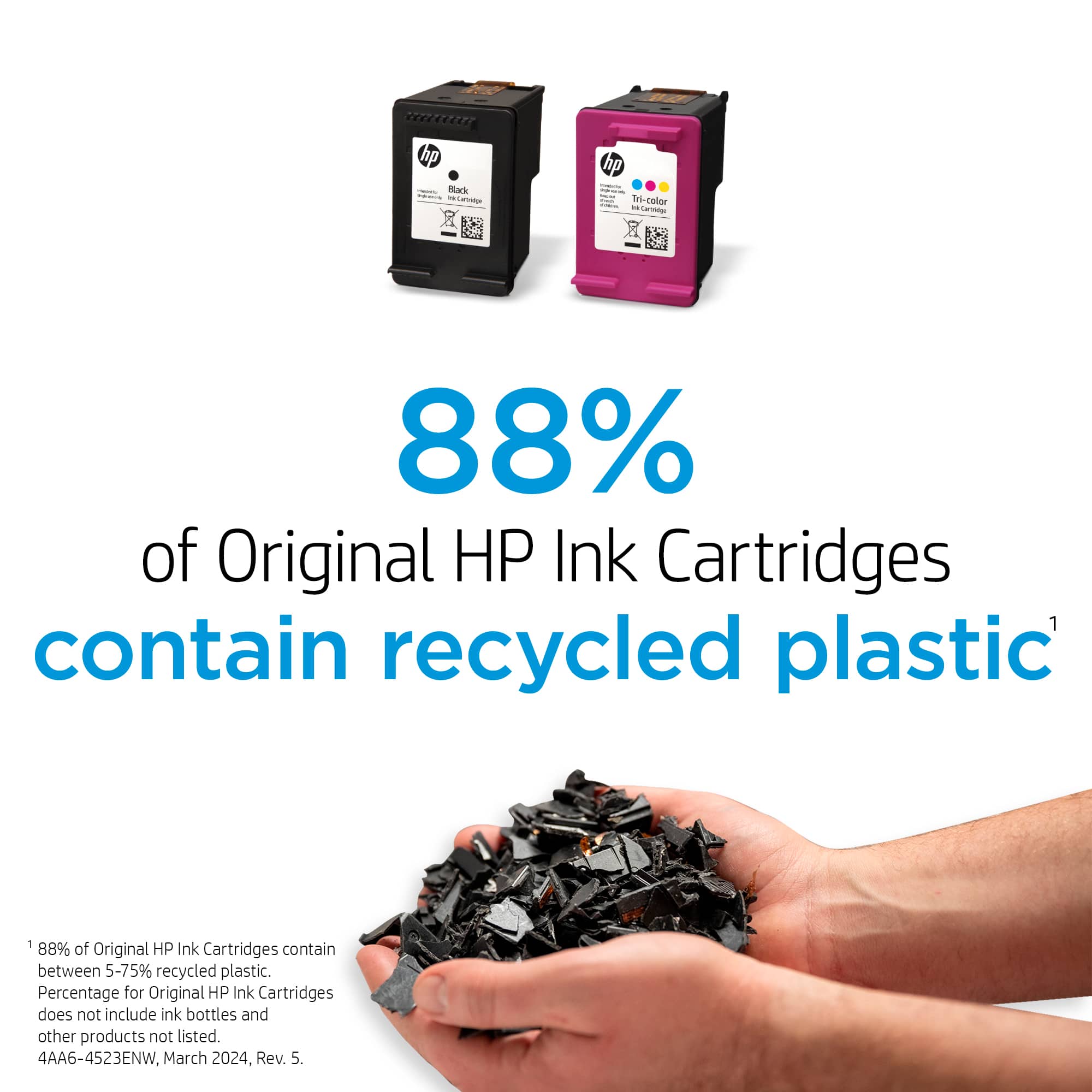 88% of Original HP Ink Cartridges contain recycled plastic. 188% of HP Original Ink Cartridges contain between 5-75% recycled plastic. The percentage for Original HP Ink Cartridges does not include ink bottles and other products not listed. This information is from March 2024, Rev. 5.