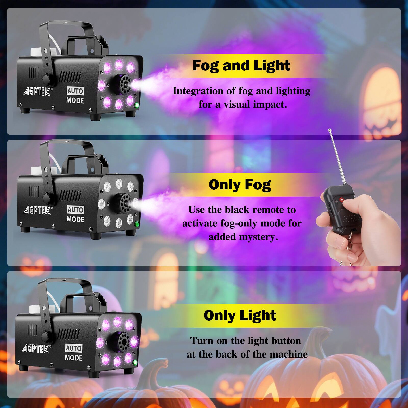 **Fog and Light**

Integration of fog and lighting for a visual impact.

**Only Fog**

Use the black remote to activate fog-only mode for added mystery.

**Only Light**

Turn on the light button at the back of the machine.