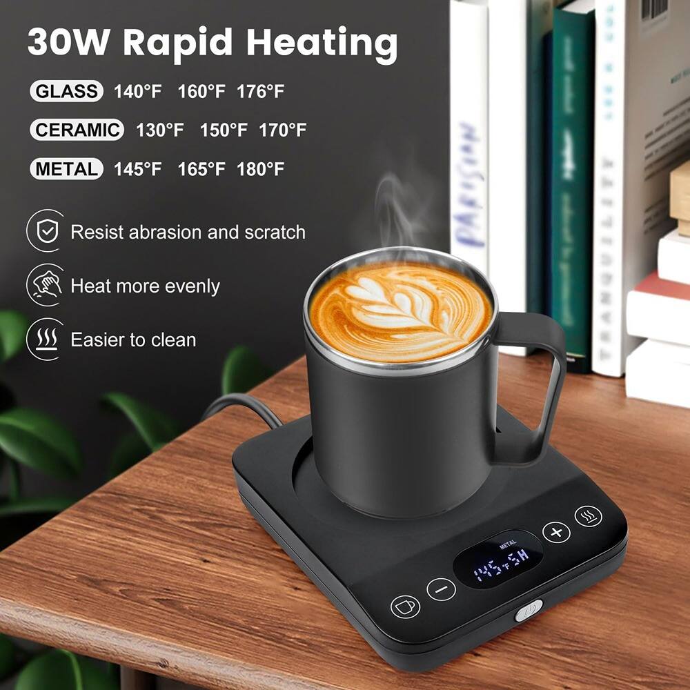 30W Rapid Heating

- GLASS: 140°F 160°F 176°F
- CERAMIC: 130°F 150°F 170°F
- METAL: 145°F 165°F 180°F

- Resist abrasion and scratch
- Heat more evenly
- Easier to clean

METAL 145°F SH