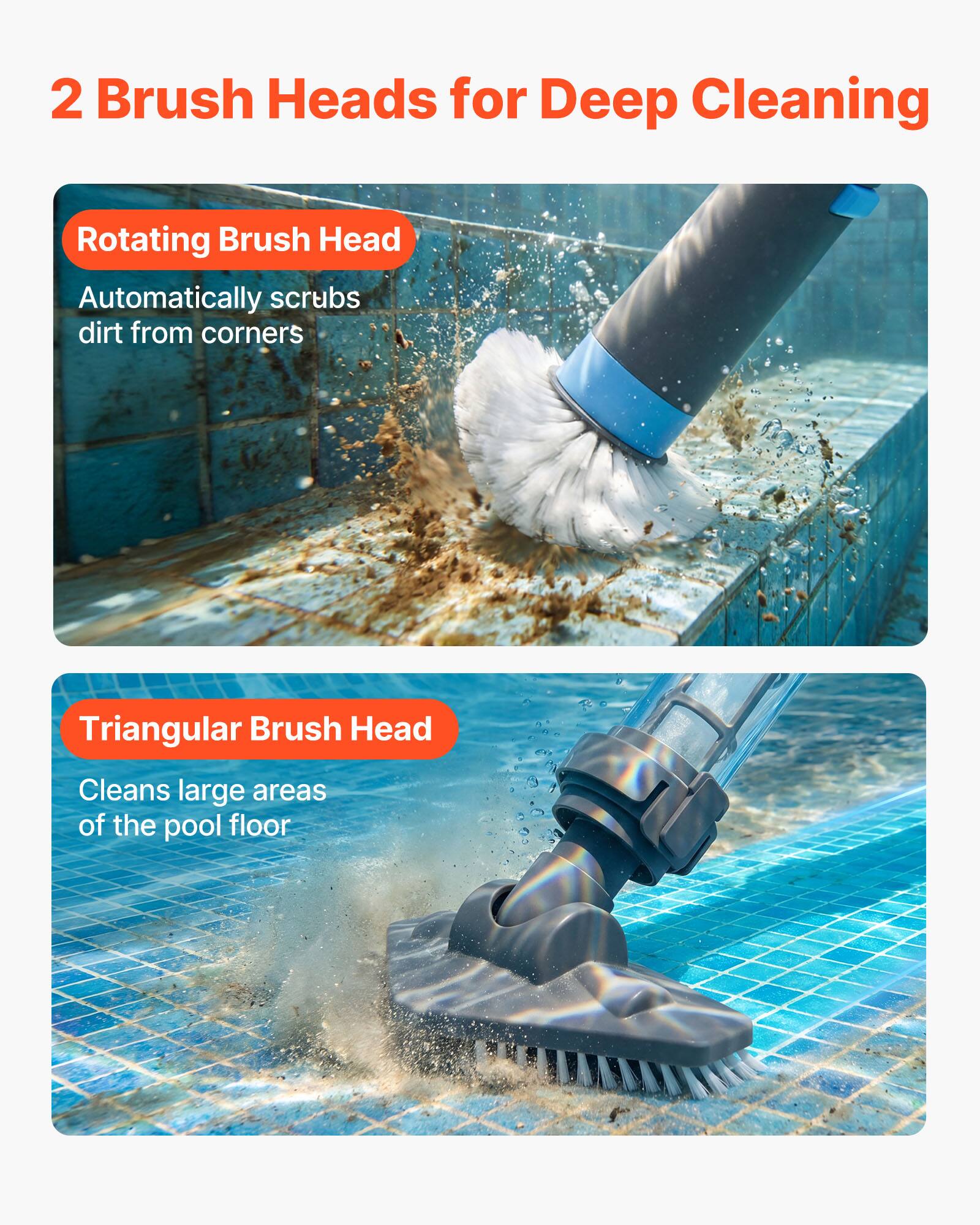 2 Brush Heads for Deep Cleaning

Rotating Brush Head
Automatically scrubs dirt from corners

Triangular Brush Head
Cleans large areas of the pool floor