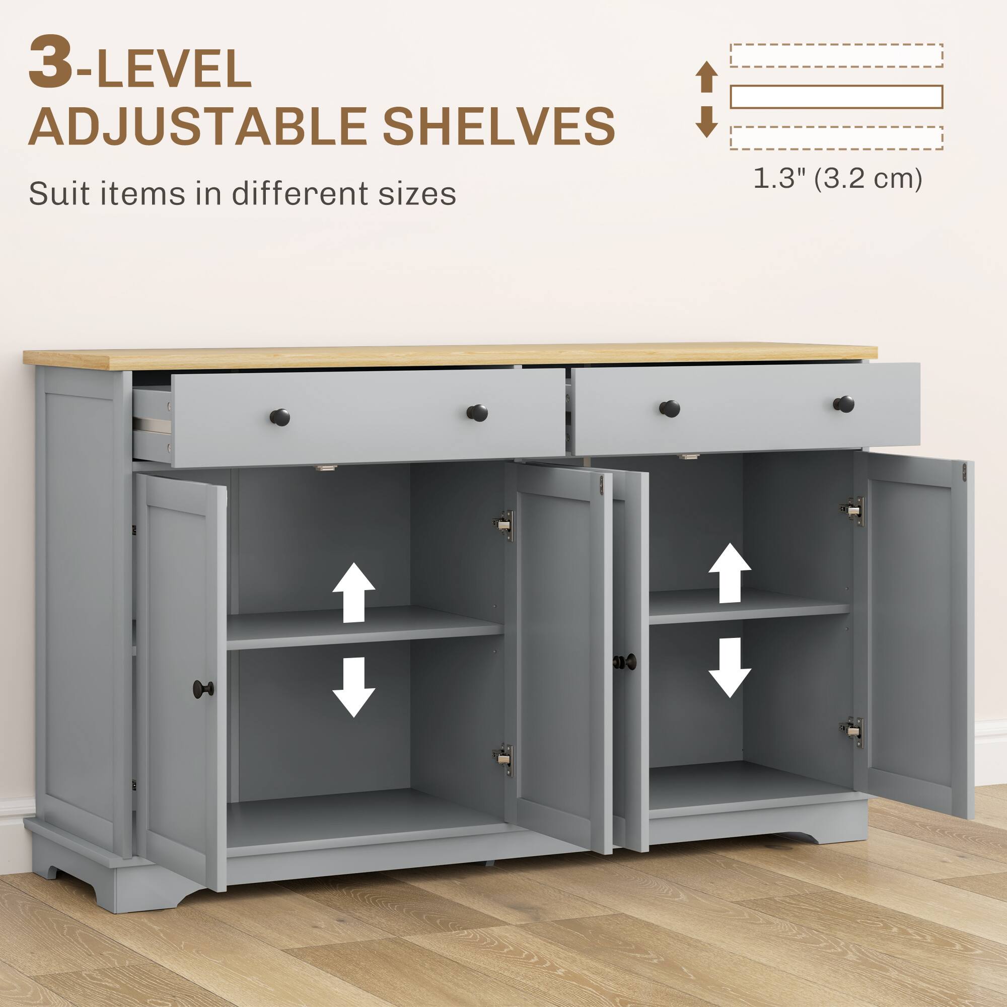 3-LEVEL ADJUSTABLE SHELVES  
Suit items in different sizes  
1.3" (3.2 cm)