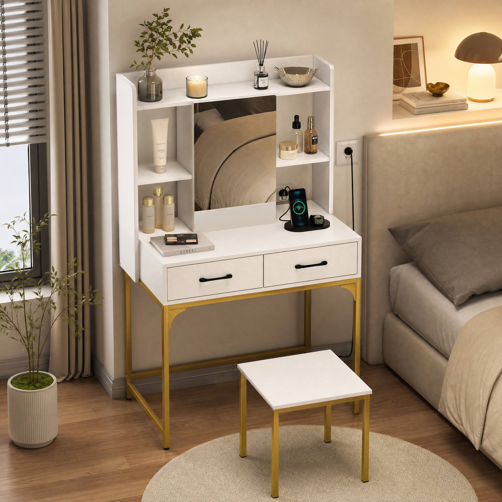 Angle. WELLFOR - Makeup Vanity Desk with Mirror Door Cabinet,Charging Station,2 Drawers and Matching Stool for Bedroom Dorm Apartment - White.