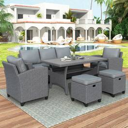 APRILSOUL - 6-Piece Outdoor Rattan Wicker Set Patio Garden Backyard Sofa Chair Stools and Table - Gray
