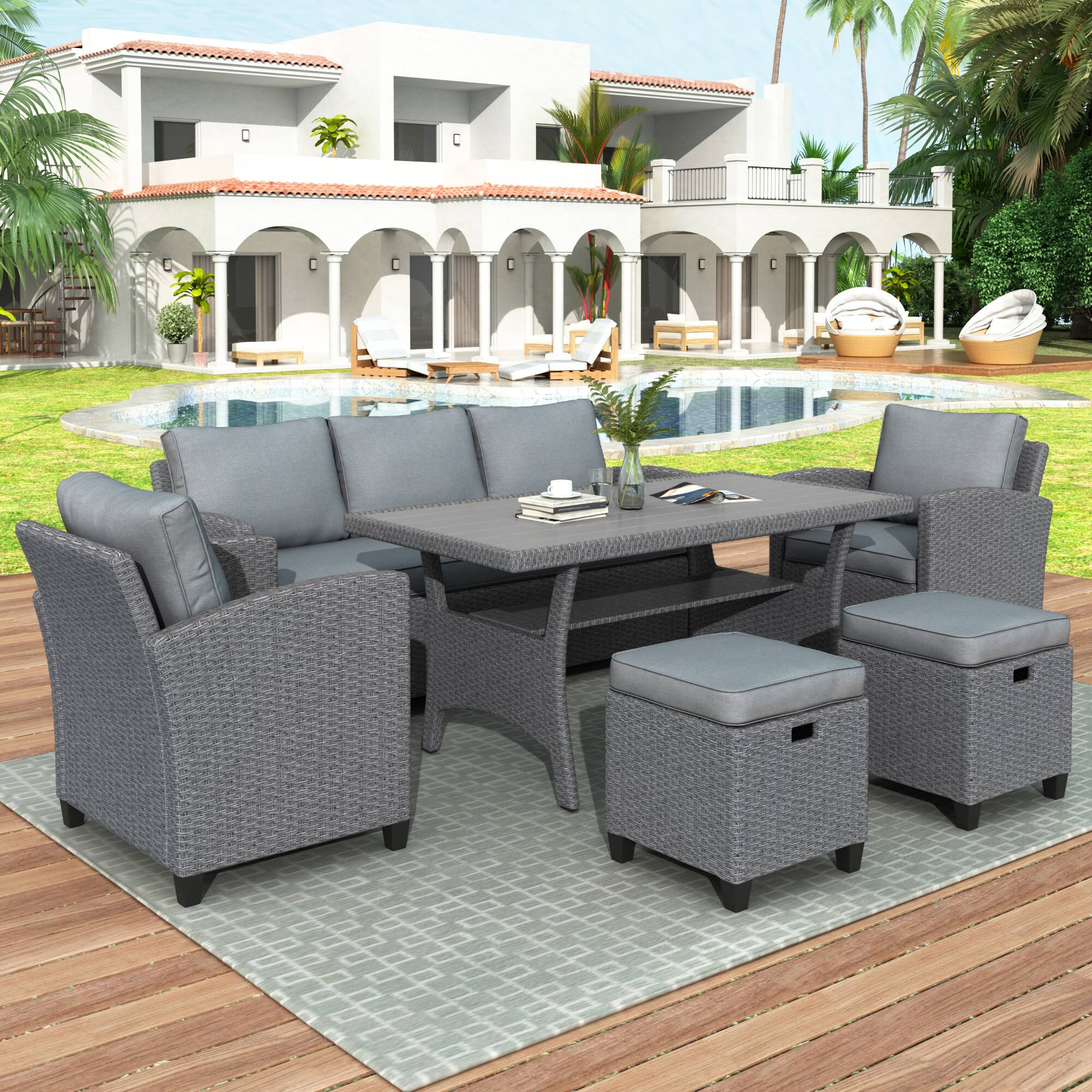 Front. APRILSOUL - 6-Piece Outdoor Rattan Wicker Set Patio Garden Backyard Sofa Chair Stools and Table Gray - Gray.