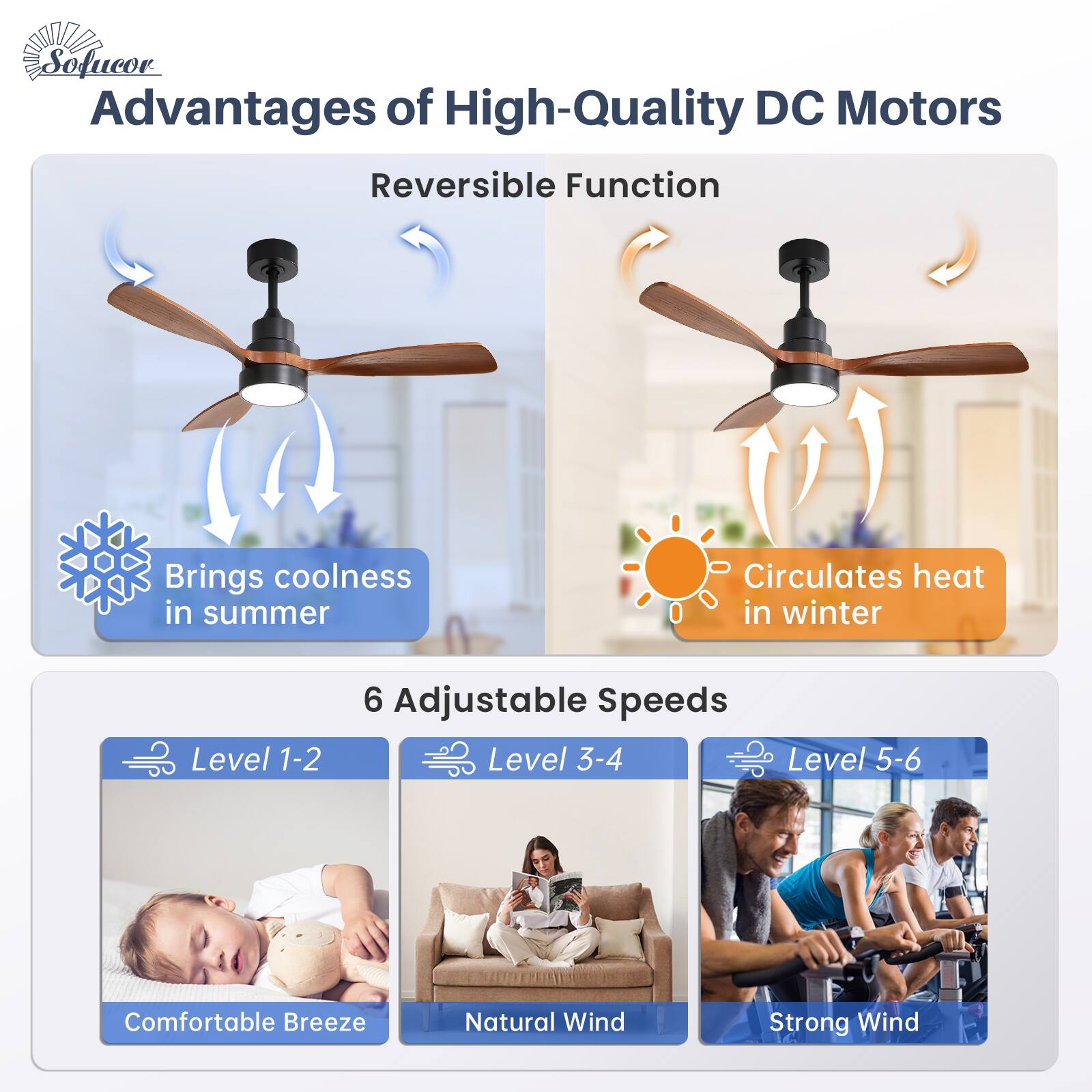 Advantages of High-Quality DC Motors

Reversible Function
- Brings coolness in summer
- Circulates heat in winter

6 Adjustable Speeds
- Level 1-2: Comfortable Breeze
- Level 3-4: Natural Wind
- Level 5-6: Strong Wind