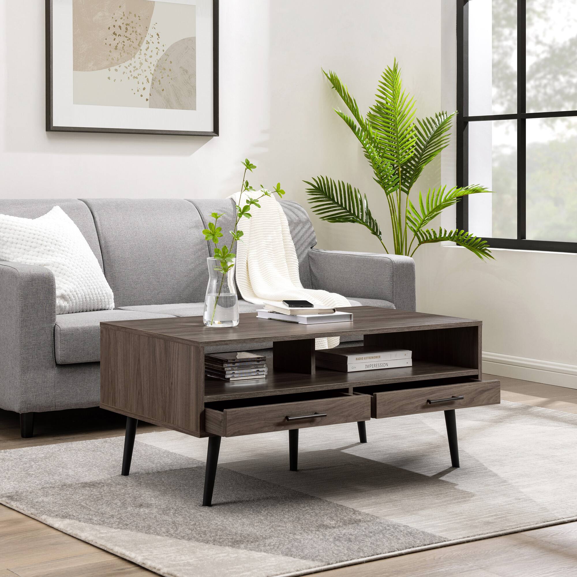 Alt View 16. Walker Edison - Contemporary 2-Drawer Coffee Table with Open Storage - Slate Grey/Black.