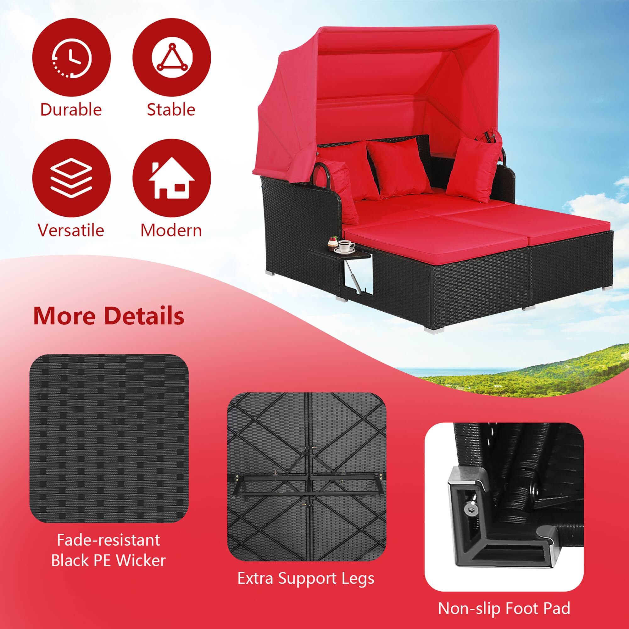 - Durable
- Stable
- Versatile
- Modern

More Details

- Fade-resistant Black PE Wicker
- Extra Support Legs
- Non-slip Foot Pad