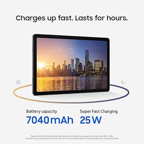 Charges up fast. Lasts for hours.  
Battery capacity: 7040mAh  
Super Fast Charging: 25W  
Requires 25W wall charger (sold separately).  
Use only Samsung-approved charger and USB C cable.  
To avoid injury or damage to your device, do not use incompatible, worn or damaged batteries, chargers or cables.