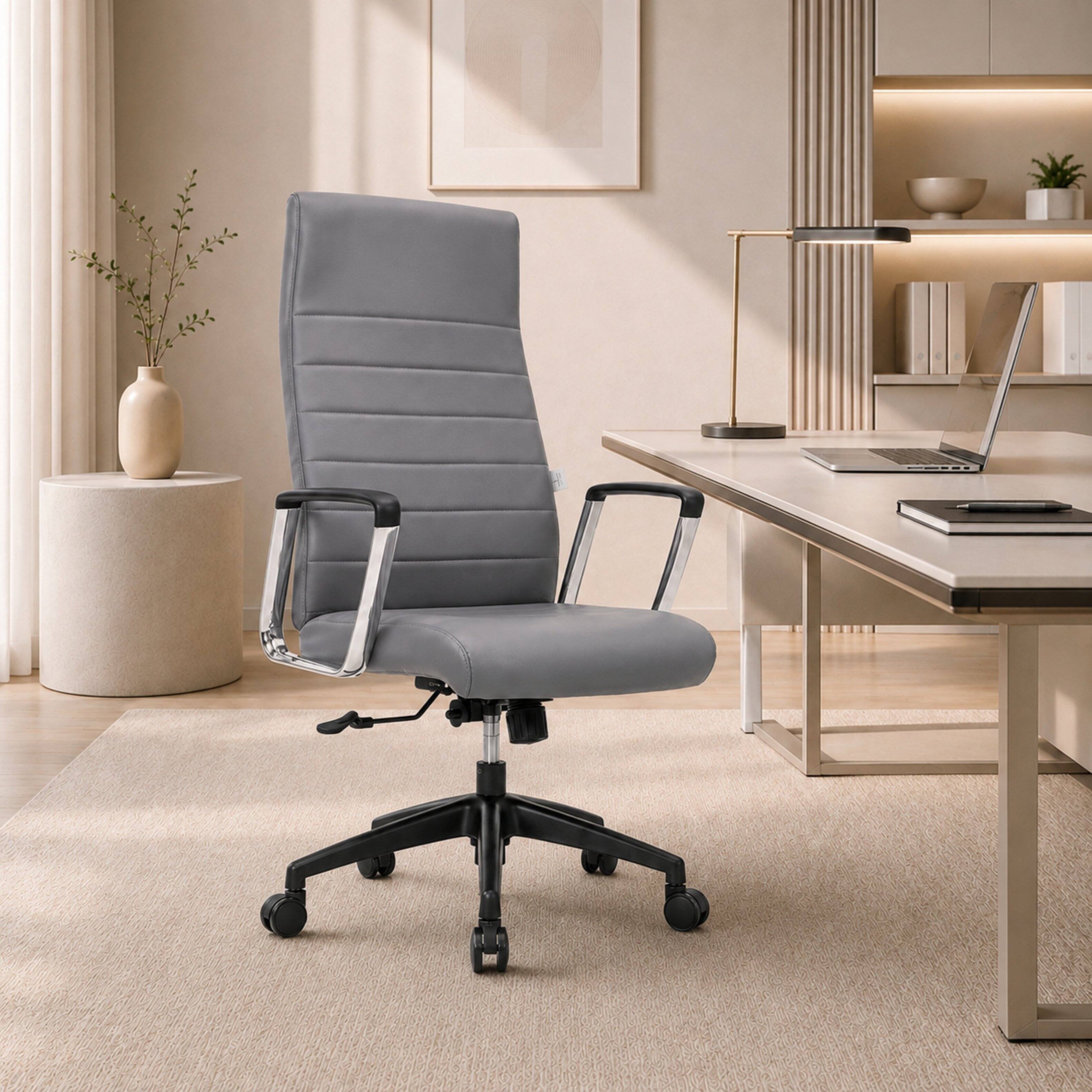 Alt View 6. LeisureMod - Hilton Ergonomic High Back Adjustable Leather Upholstered Office Desk Chair, Steel Frame, Swivel Base, Home Office Use - Grey.