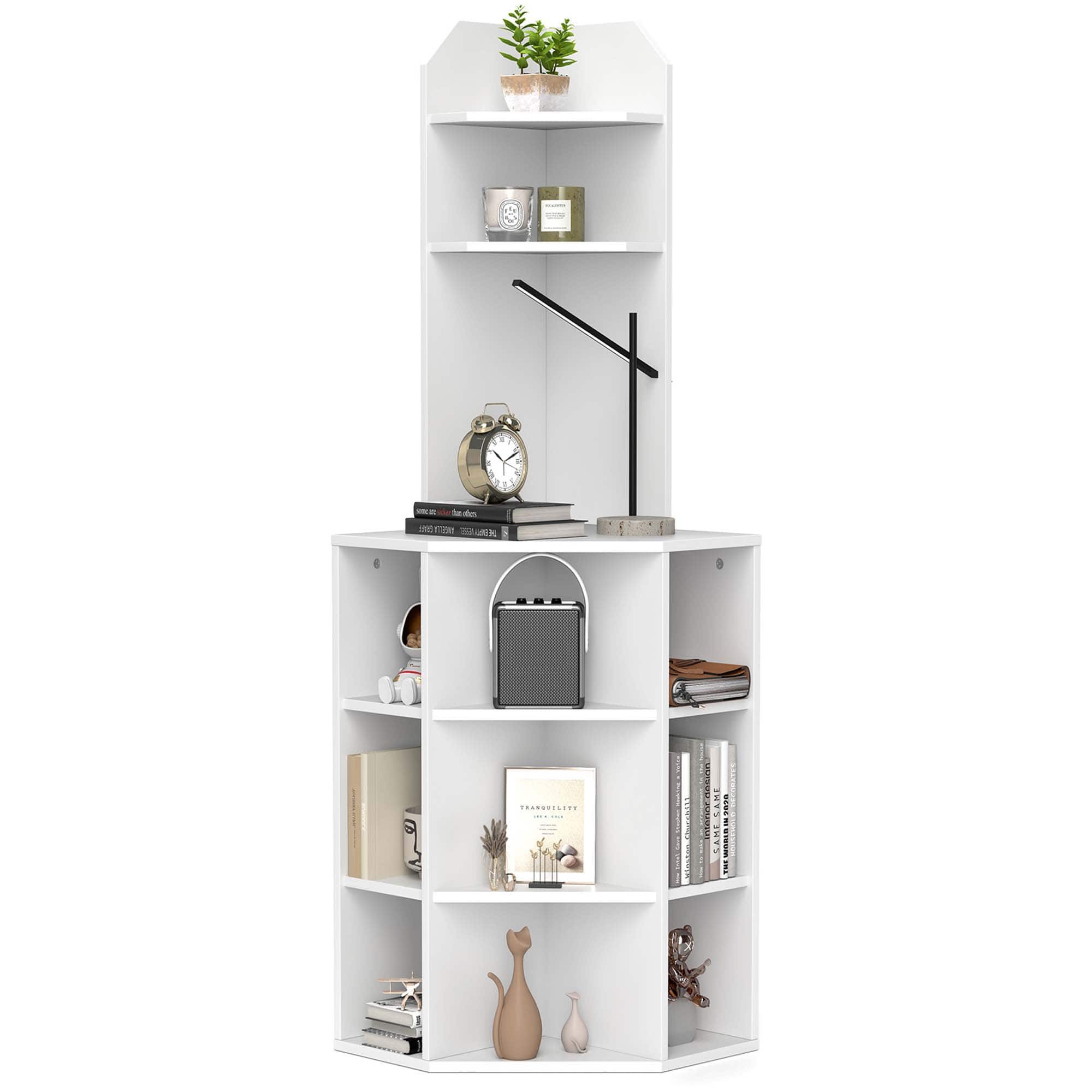Costway - 6-Tier Corner Shelf 63" Tall Corner Bookshelf with 2 USB Ports & Charging Station - White