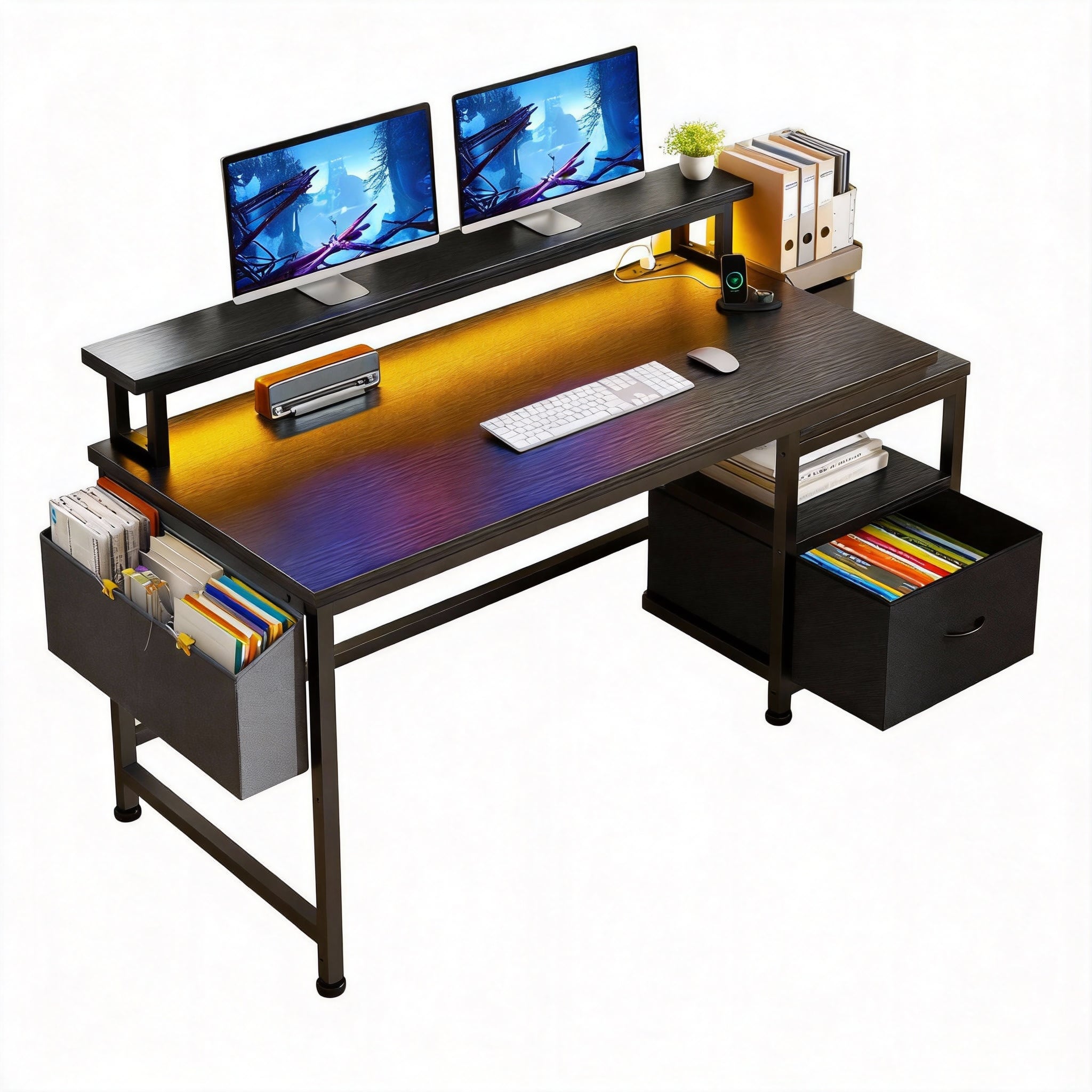 Frangdom - 57" Office Desk with Drawers Printer Shelf Power Outlets File Cabinet Monitor Stand - Black 57" 1 Drawer 2 Shelves