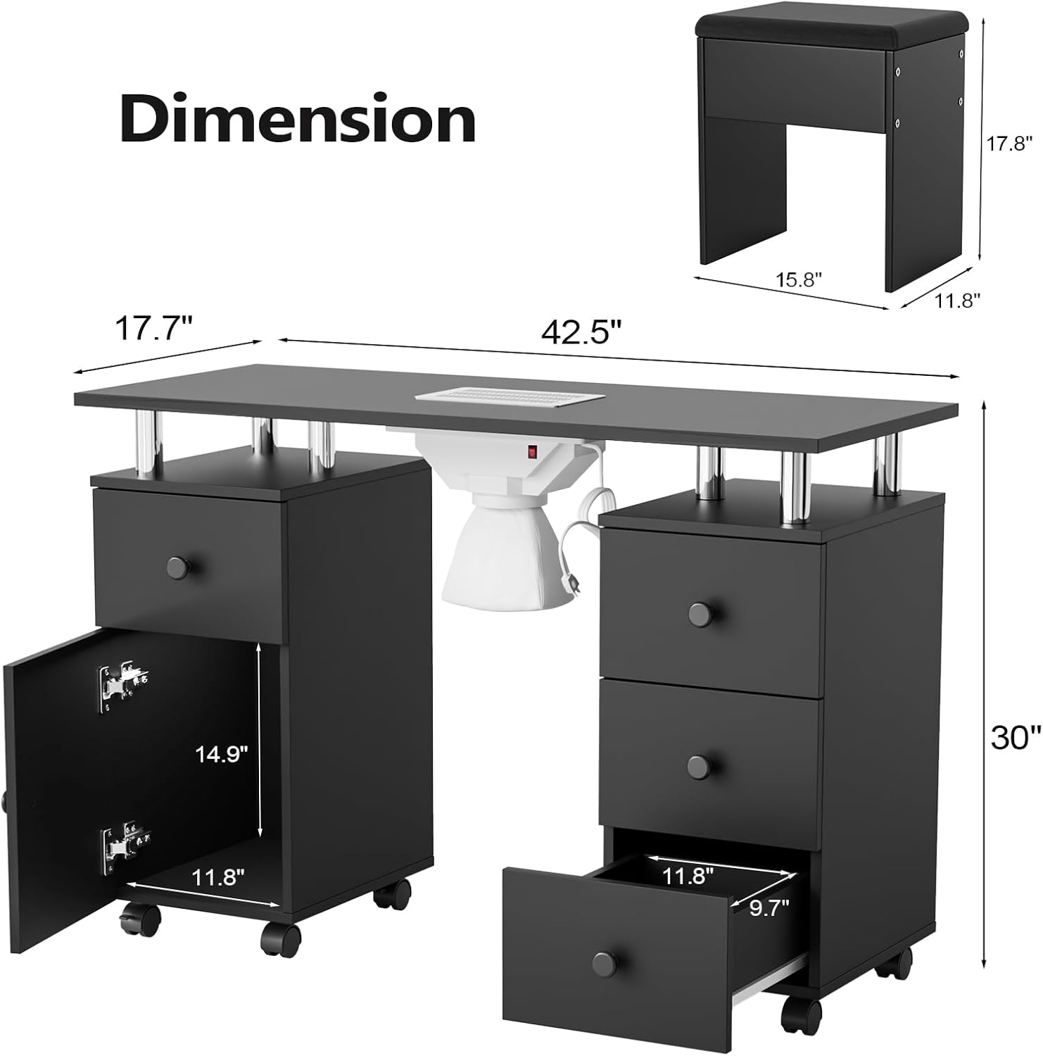 Dimension  
17.8" 17.7" 42.5" 15.8" 11.8" 14.9" 30" 11.8" 11.8" 9.7"