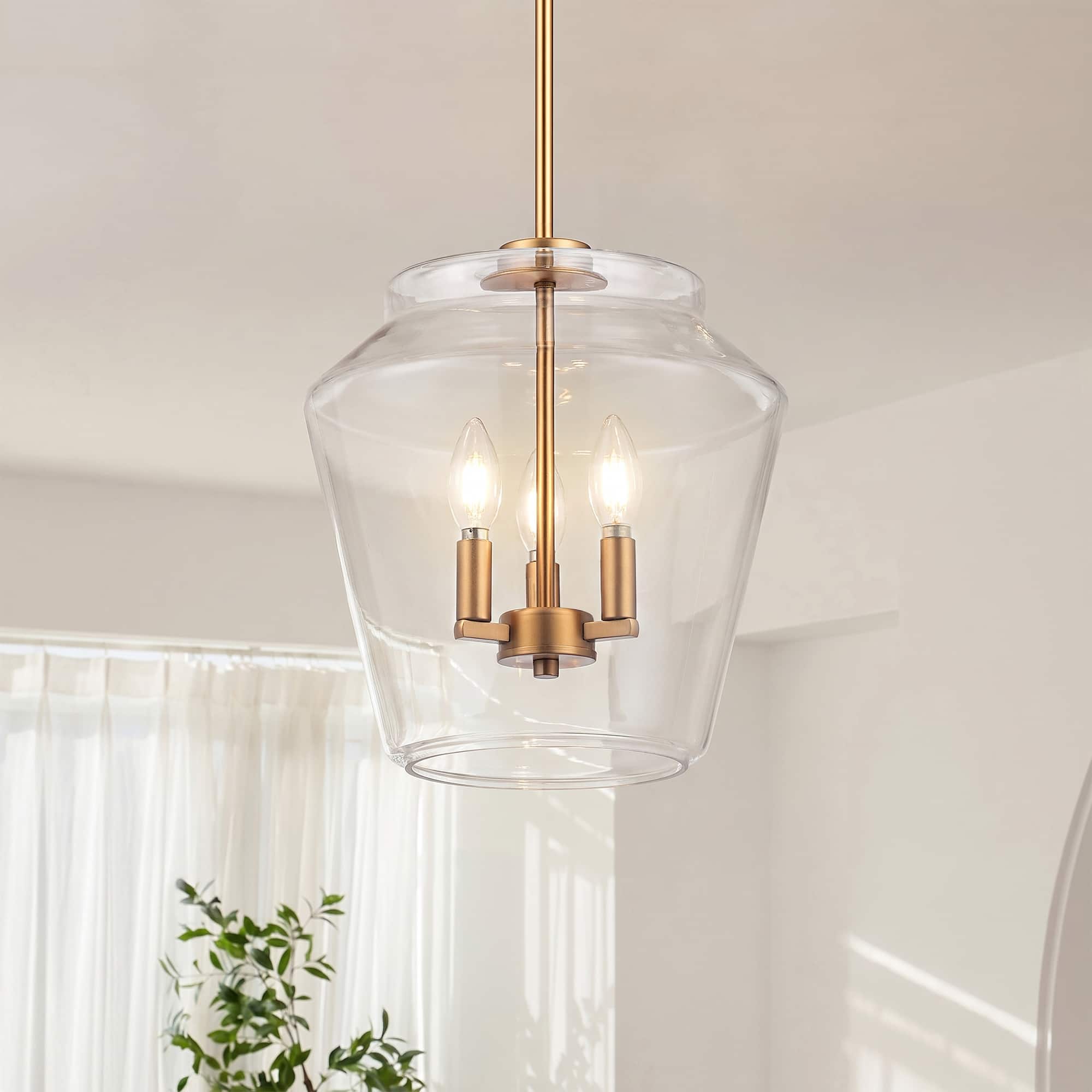Front. Parrot Uncle - 12 Inch Modern Clear Glass 3 Light Pendent Light Adjustable Hanging Light for Kitchen Island and Dining Room - Vintage Brass.