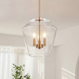Parrot Uncle - 12 Inch Modern Clear Glass 3 Light Pendent Light Adjustable Hanging Light for Kitchen Island and Dining Room - Vintage Brass