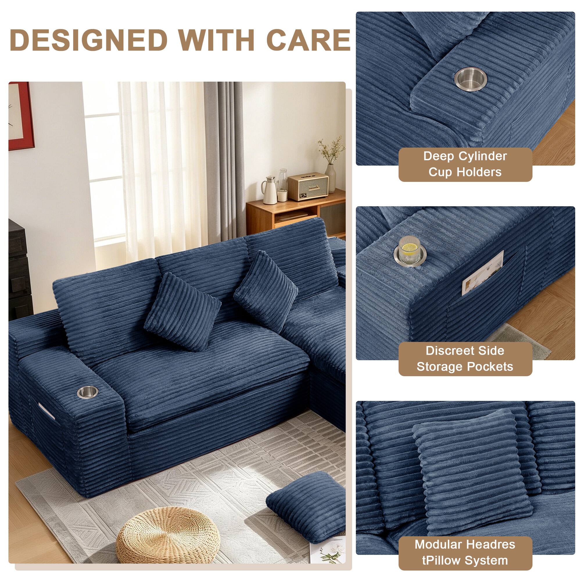 DESIGNED WITH CARE | Deep Cylinder Cup Holders | Discreet Side Storage Pockets | Modular Headrest Pillow System