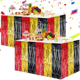 Dapper Styles - Hot Table Skirts Party Decorations Metallic Tinsel Foil Fringe Rectangle Round For Birthday Holiday Valenti - Red Gold Black