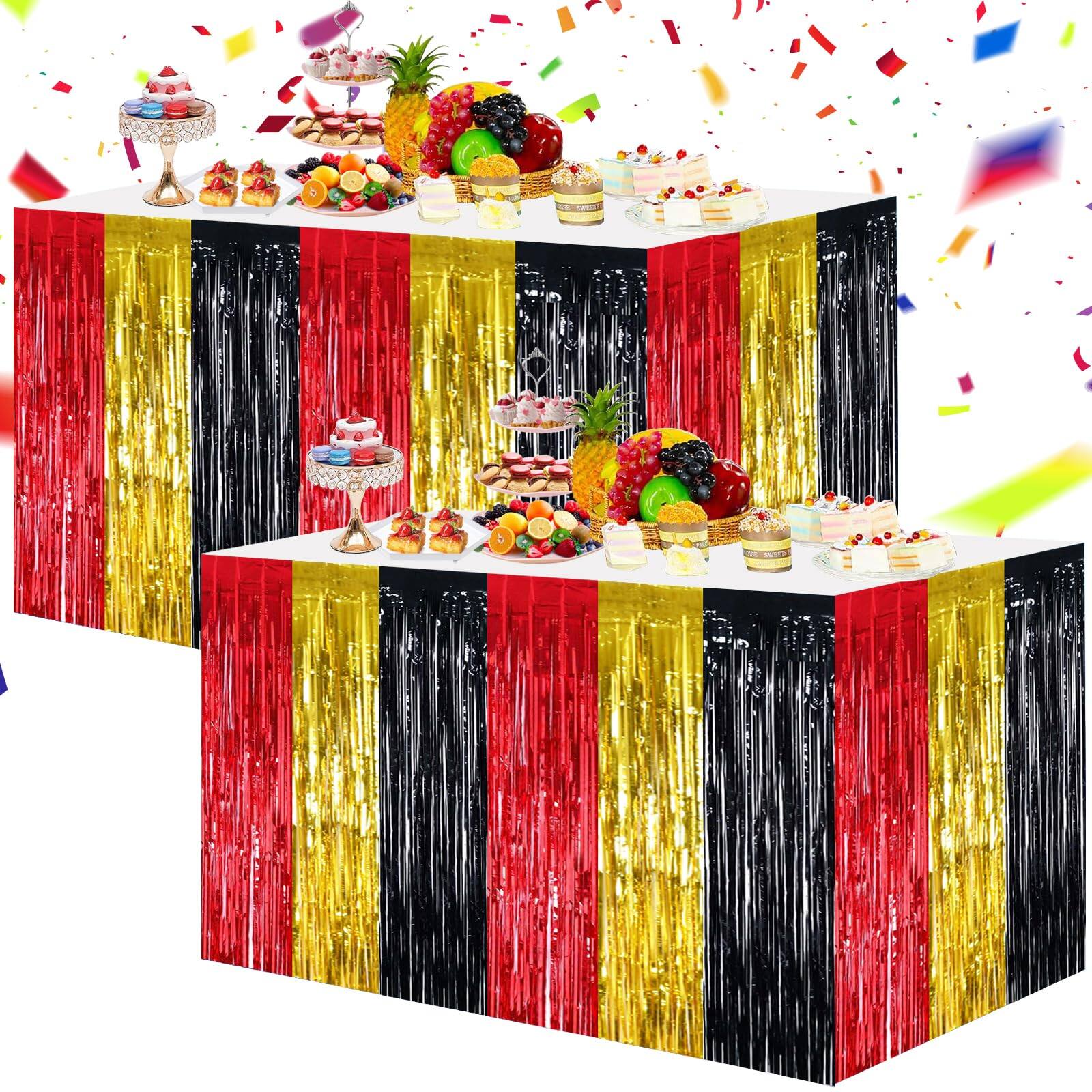 Front. Dapper Styles - Hot Table Skirts Party Decorations Metallic Tinsel Foil Fringe Rectangle Round For Birthday Holiday Valenti... - Red Gold Black.