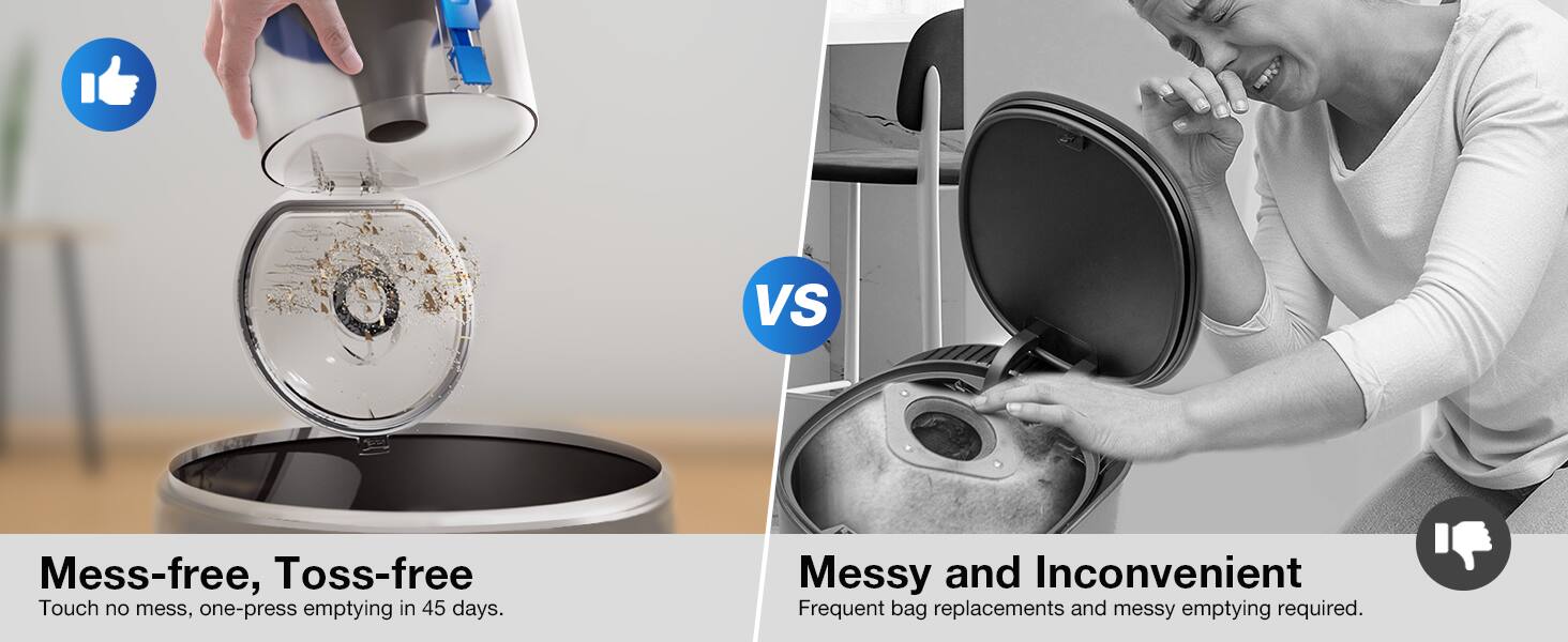 Mess-free, Toss-free  
Touch no mess, one-press emptying in 45 days.  

VS  

Messy and Inconvenient  
Frequent bag replacements and messy emptying required.
