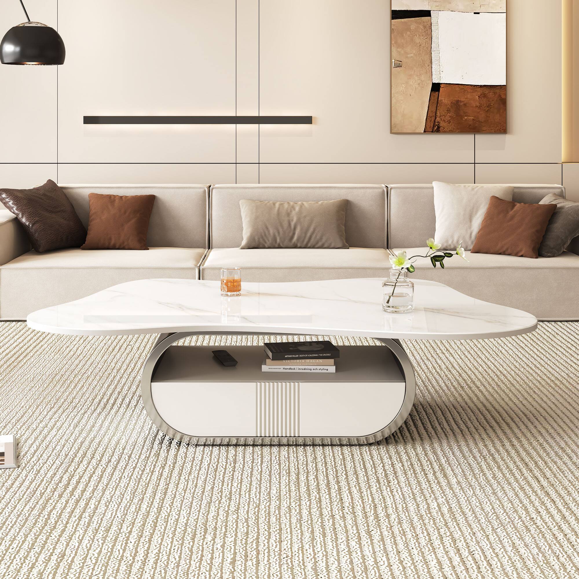 Angle. Tiramisubest - Modern Butterfly Coffee Table with Sintered Stone Top–Oval Center Table with Shelf & Drawer,Stainless Steel Base - Grey+White.