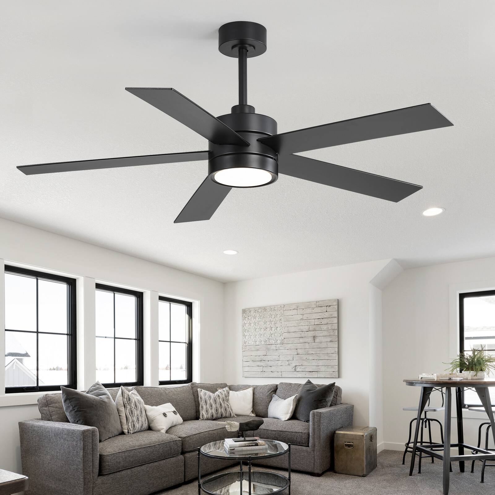 Alt View 8. Breezary - 52-In Indoor Ceiling Fan with Led Light, 5 Plywood Blades, 6-Speed DC Motor, Remote, Timer with Memory, 5/10'' Downrods - Black.