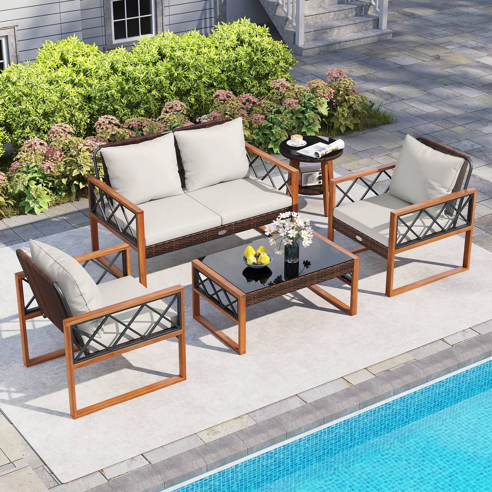 Alt View 1. Costway - Costway 5 PCS PE Wicker Patio Furniture Set with Acacia Wood Frame Cushions for Deck Garden - Mix Brown,Off-White.