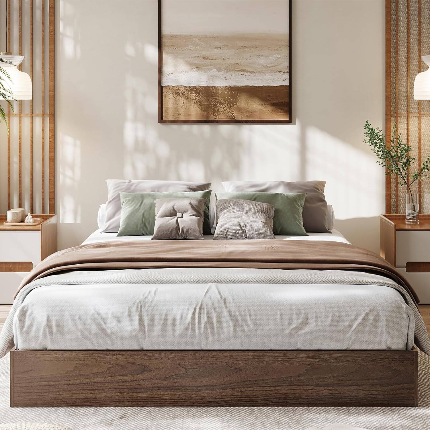 Angle. Acekool - Full Size Wood Platform Bed Frame, Minimalist Wooden Bed Without Headboard, Sturdy Slat Support, Brown - Brown.