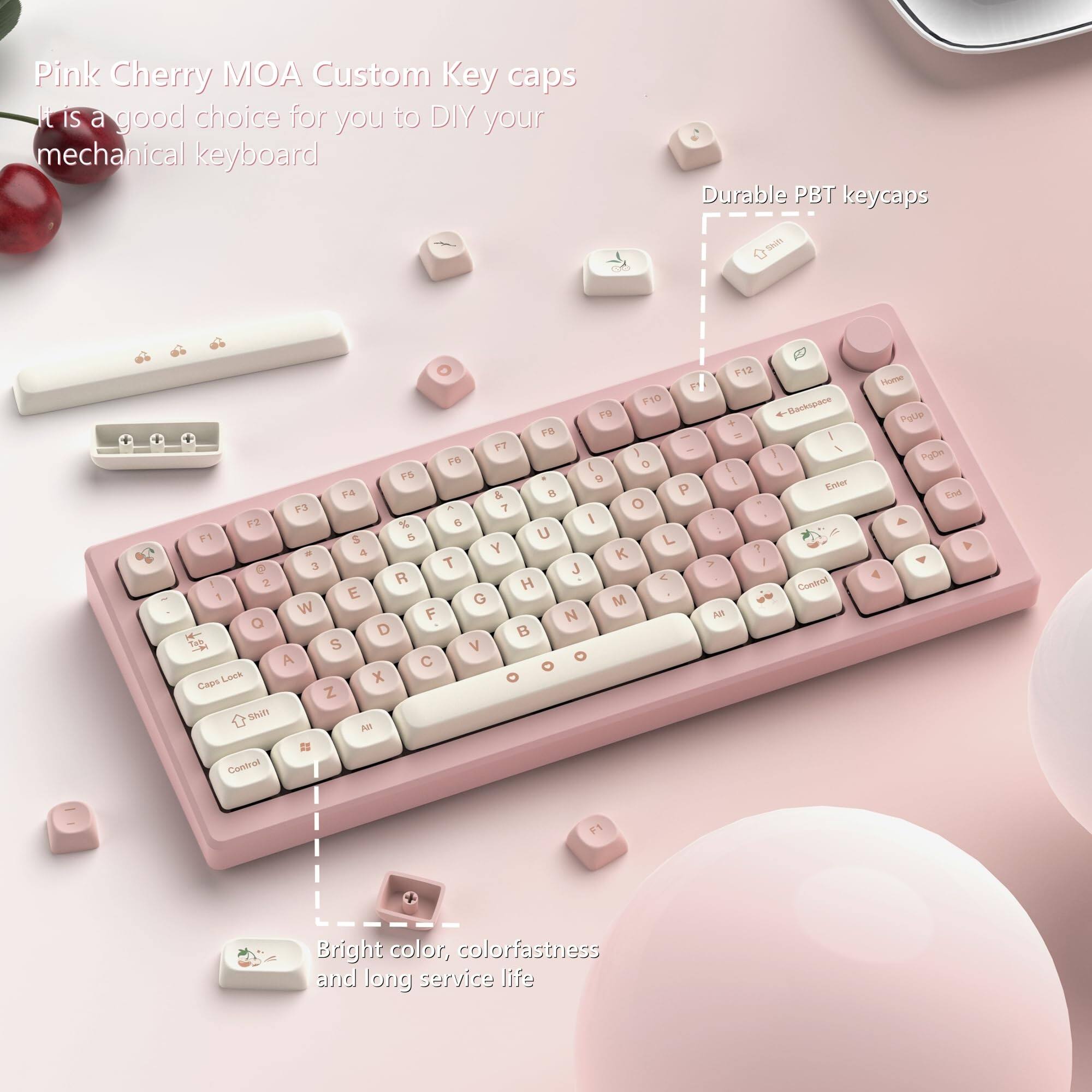 Pink Cherry MOA Custom Keycaps  
It is a good choice for you to DIY your mechanical keyboard  

Durable PBT keycaps  

Bright color, colorfastness, and long service life