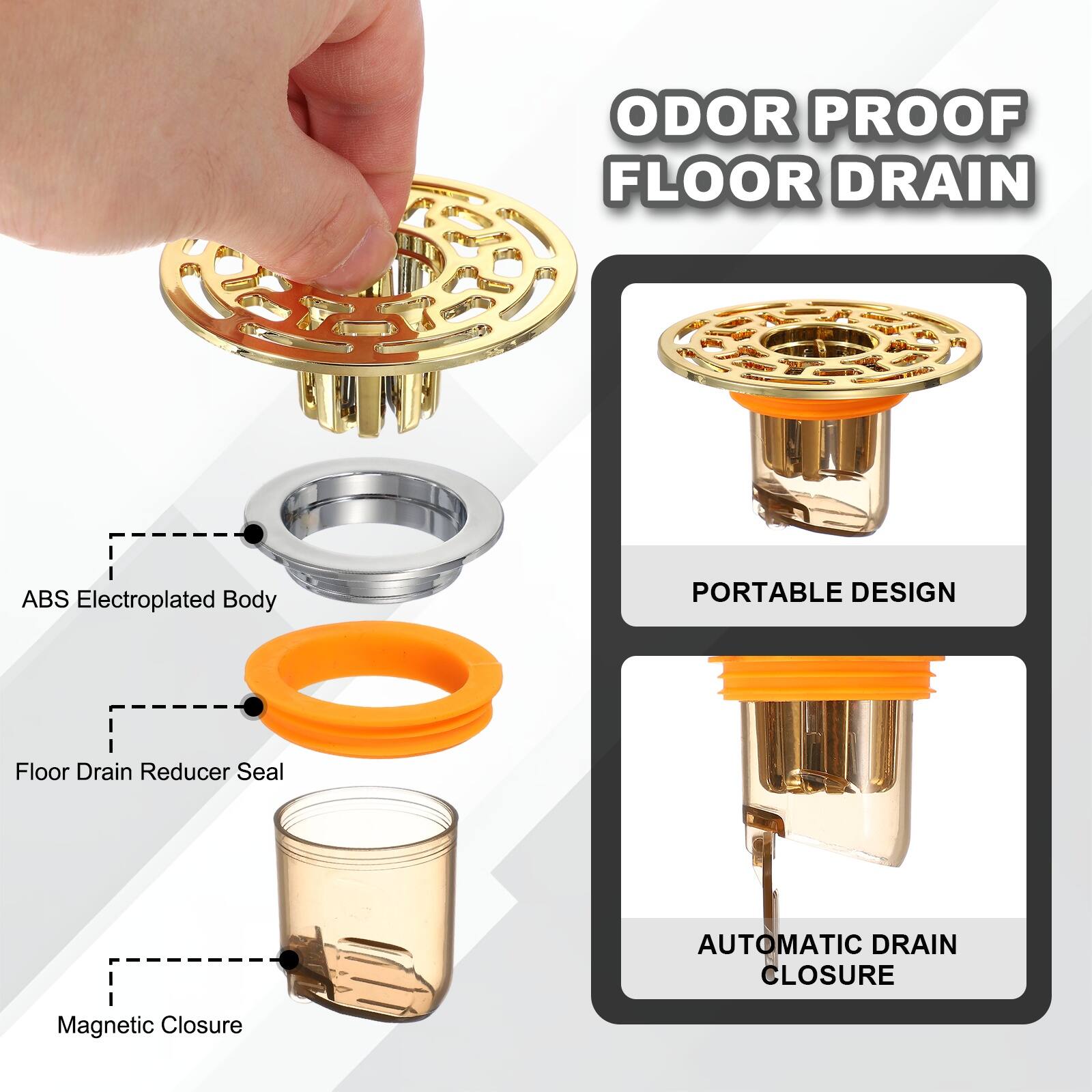 ODOR PROOF FLOOR DRAIN  
ABS Electroplated Body  
PORTABLE DESIGN  
Floor Drain Reducer Seal  
AUTOMATIC DRAIN CLOSURE  
Magnetic Closure