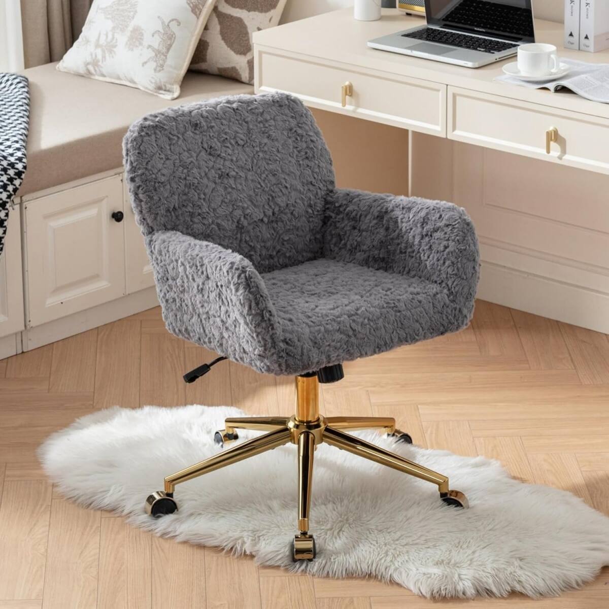 Alt View 4. HTUTWOO - Faux Fur Desk Chair - Comfortable & Adjustable Swivel Office Chair with Wheels and Armrest for Home Office,Vanity - Gray.
