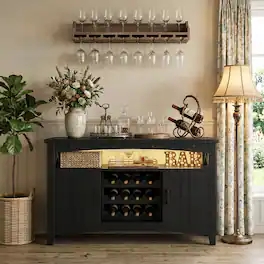 Aheaplus - Farmhouse Coffee Bar Cabinet with Charging Station, LED Lights & Movable Wine Rack - Black